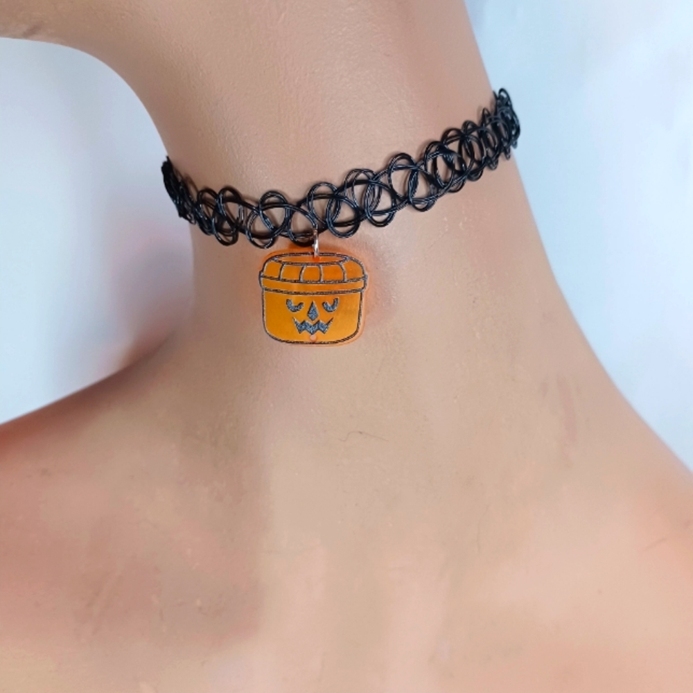 Black Tattoo Choker Necklace with Pumpkin Boo Bucket Charm.